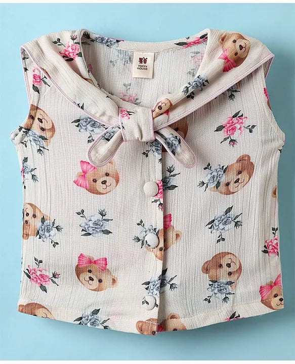 ToffyHouse Cotton Woven Sleeveless Sailor Collar Neck Top & Shorts Co-ord Set With Animal Print & Headband - White