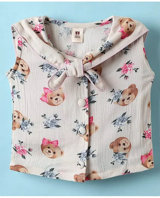 ToffyHouse Cotton Woven Sleeveless Sailor Collar Neck Top & Shorts Co-ord Set With Animal Print & Headband - White