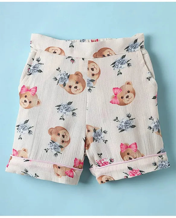 ToffyHouse Cotton Woven Sleeveless Sailor Collar Neck Top & Shorts Co-ord Set With Animal Print & Headband - White