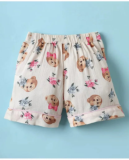 ToffyHouse Cotton Woven Sleeveless Sailor Collar Neck Top & Shorts Co-ord Set With Animal Print & Headband - White