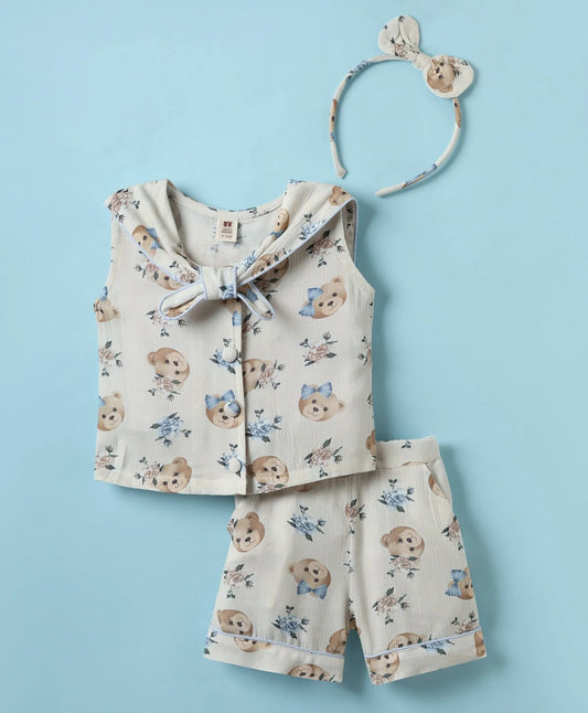 ToffyHouse Cotton Woven Sleeveless Sailor Neck Top & Shorts Co-Ord Set With Teddy Bear Print & Headband - White