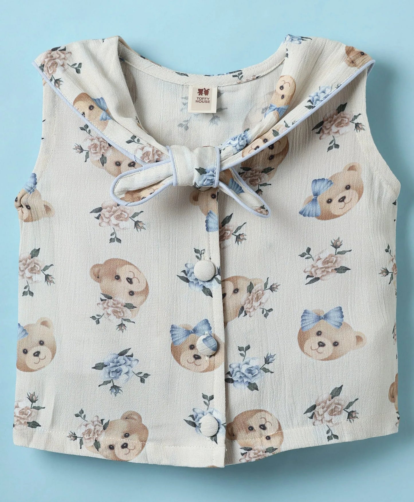 ToffyHouse Cotton Woven Sleeveless Sailor Neck Top & Shorts Co-Ord Set With Teddy Bear Print & Headband - White
