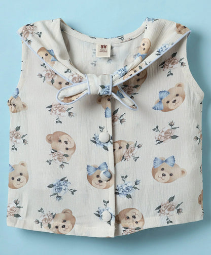 ToffyHouse Cotton Woven Sleeveless Sailor Neck Top & Shorts Co-Ord Set With Teddy Bear Print & Headband - White