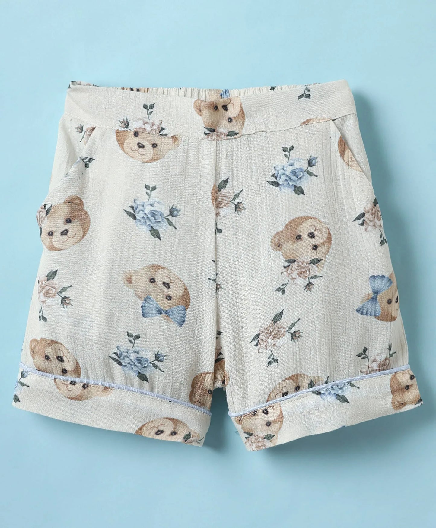 ToffyHouse Cotton Woven Sleeveless Sailor Neck Top & Shorts Co-Ord Set With Teddy Bear Print & Headband - White