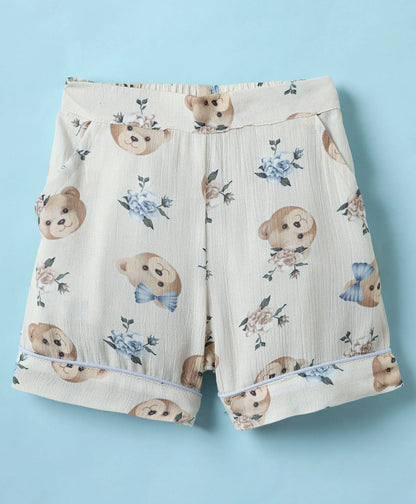 ToffyHouse Cotton Woven Sleeveless Sailor Neck Top & Shorts Co-Ord Set With Teddy Bear Print & Headband - White