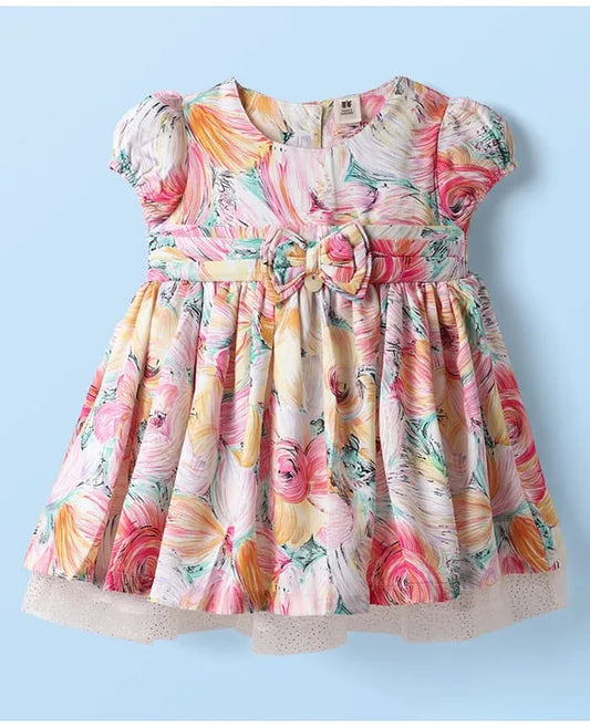 ToffyHouse Woven Half Sleeves Frock With Floral Print & Bow Applique - Multicolour