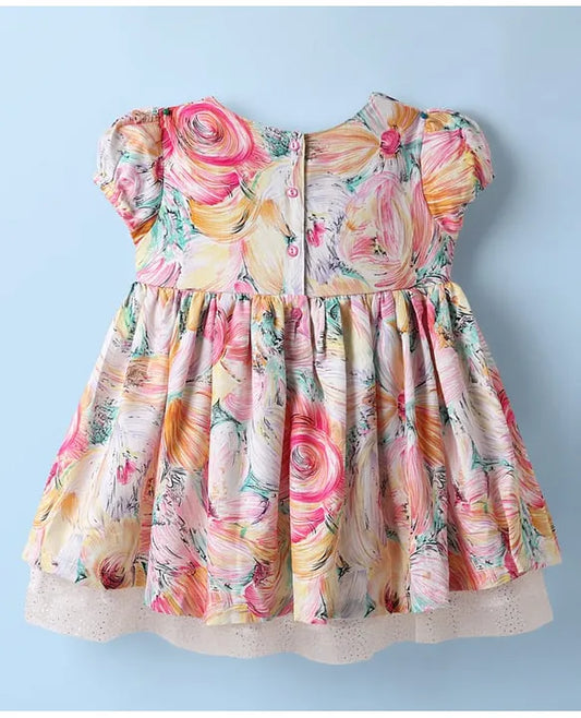 ToffyHouse Woven Half Sleeves Frock With Floral Print & Bow Applique - Multicolour