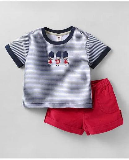 ToffyHouse Knitted Half Sleeves Striped T-Shirt & Shorts Set with Queen's Guard Embroidery - Red & Blue