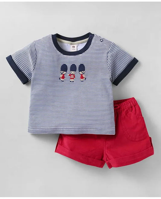 ToffyHouse Knitted Half Sleeves Striped T-Shirt & Shorts Set with Queen's Guard Embroidery - Red & Blue