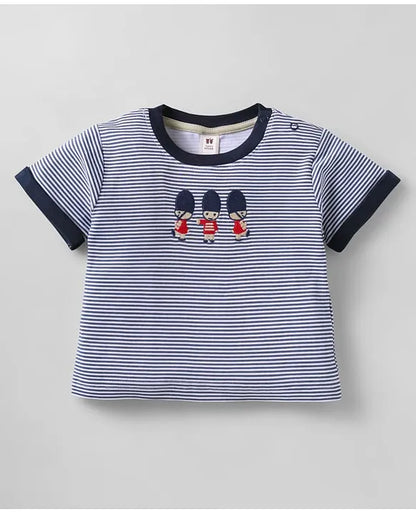 ToffyHouse Knitted Half Sleeves Striped T-Shirt & Shorts Set with Queen's Guard Embroidery - Red & Blue