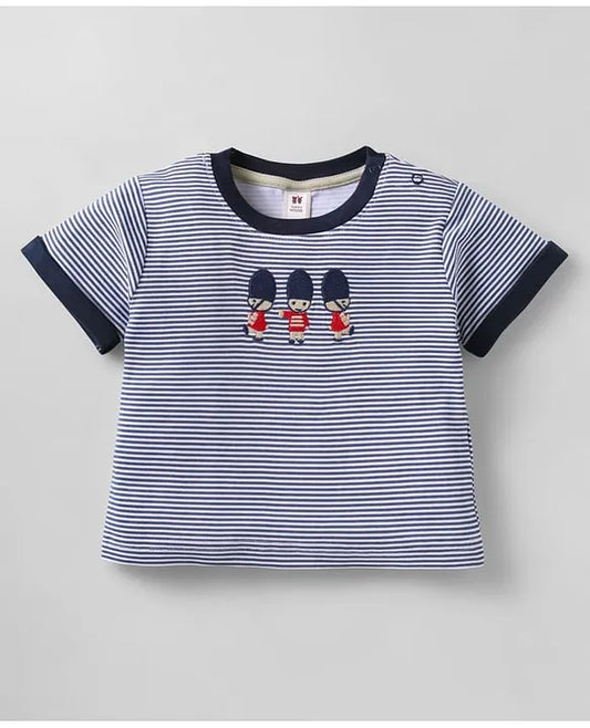 ToffyHouse Knitted Half Sleeves Striped T-Shirt & Shorts Set with Queen's Guard Embroidery - Red & Blue