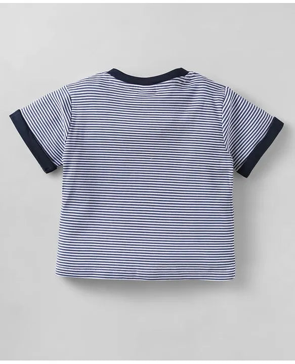 ToffyHouse Knitted Half Sleeves Striped T-Shirt & Shorts Set with Queen's Guard Embroidery - Red & Blue