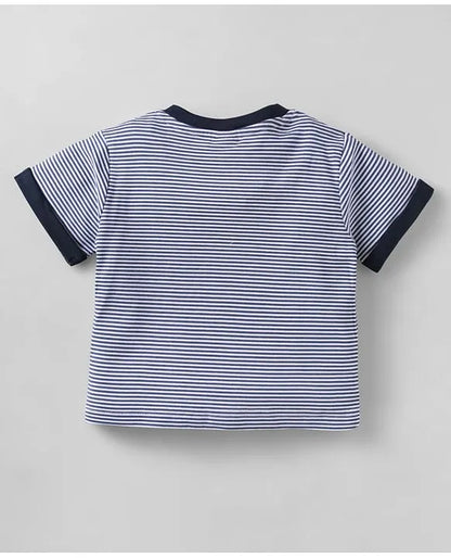 ToffyHouse Knitted Half Sleeves Striped T-Shirt & Shorts Set with Queen's Guard Embroidery - Red & Blue