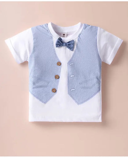 ToffyHouse Interlock Woven Half Sleeves T-Shirt with Attached Bow & Shorts Set with Waistcoat Print - White & Blue