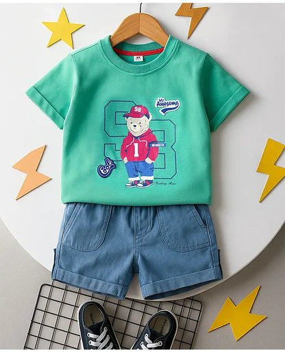 ToffyHouse Interlock Woven Half Sleeves T-Shirt & Shorts Set with Teddy Print - Light Green