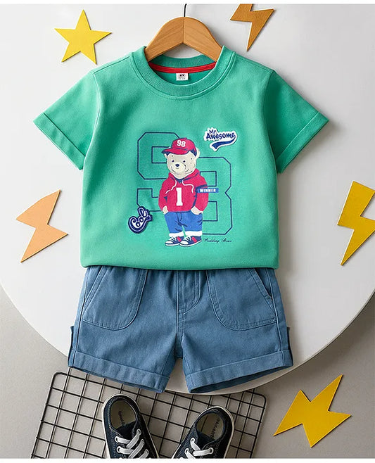 ToffyHouse Interlock Woven Half Sleeves T-Shirt & Shorts Set with Teddy Print - Light Green