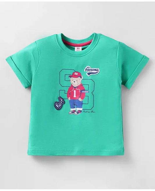 ToffyHouse Interlock Woven Half Sleeves T-Shirt & Shorts Set with Teddy Print - Light Green