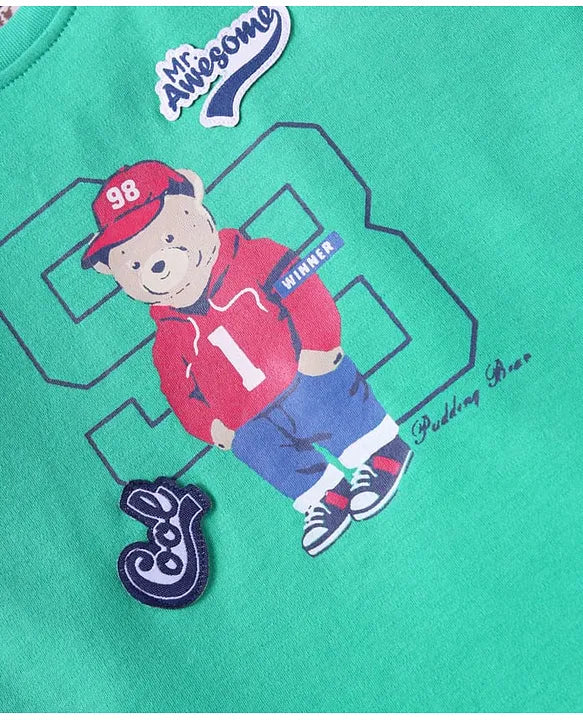 ToffyHouse Interlock Woven Half Sleeves T-Shirt & Shorts Set with Teddy Print - Light Green