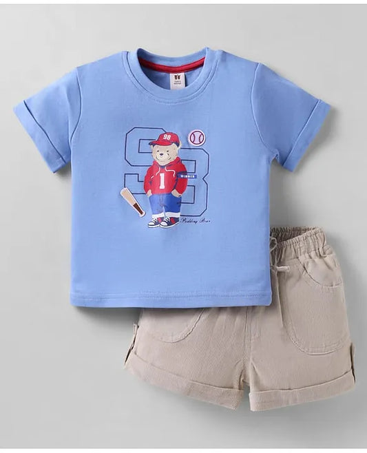 ToffyHouse Interlock Knit Half Sleeves T-Shirt & Shorts Set with Bear Print - Light Blue & Beige