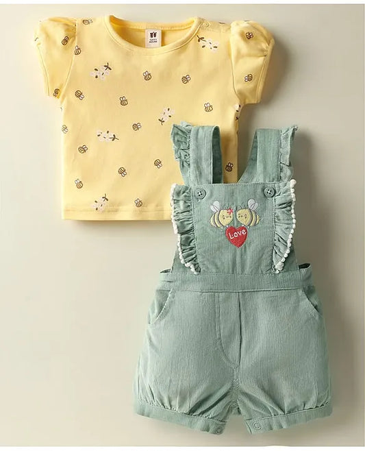 ToffyHouse Corduroy Woven Knit Half Sleeves Inner Tee & Dungaree Set with Honeybee & Floral Print - Yellow & Teal Blue