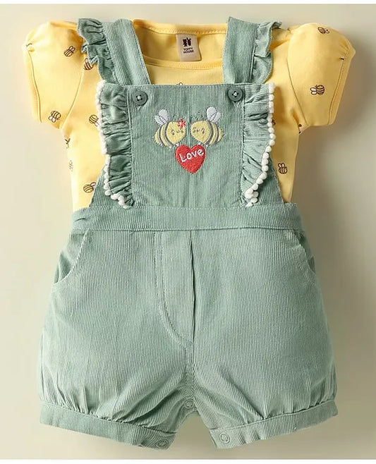 ToffyHouse Corduroy Woven Knit Half Sleeves Inner Tee & Dungaree Set with Honeybee & Floral Print - Yellow & Teal Blue