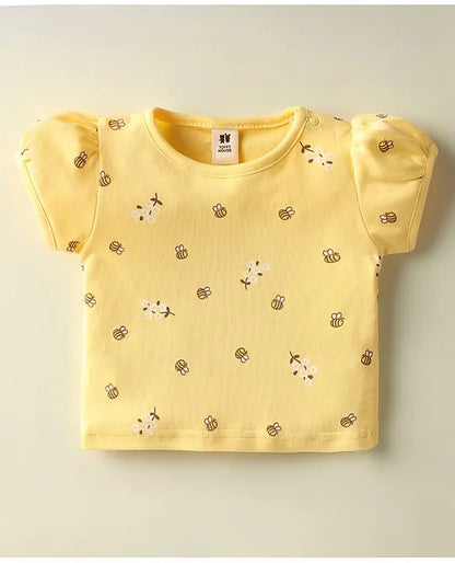 ToffyHouse Corduroy Woven Knit Half Sleeves Inner Tee & Dungaree Set with Honeybee & Floral Print - Yellow & Teal Blue