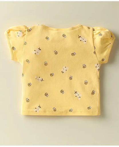 ToffyHouse Corduroy Woven Knit Half Sleeves Inner Tee & Dungaree Set with Honeybee & Floral Print - Yellow & Teal Blue