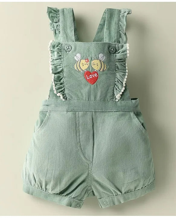 ToffyHouse Corduroy Woven Knit Half Sleeves Inner Tee & Dungaree Set with Honeybee & Floral Print - Yellow & Teal Blue