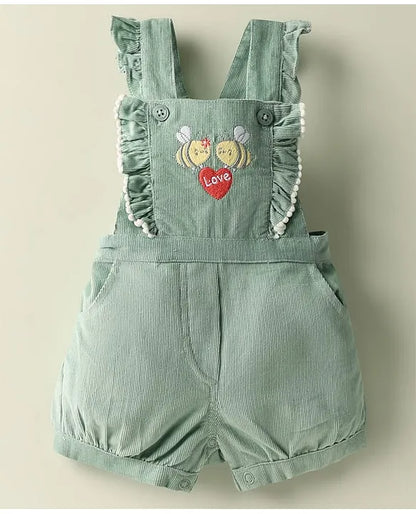 ToffyHouse Corduroy Woven Knit Half Sleeves Inner Tee & Dungaree Set with Honeybee & Floral Print - Yellow & Teal Blue