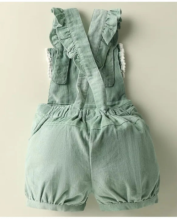 ToffyHouse Corduroy Woven Knit Half Sleeves Inner Tee & Dungaree Set with Honeybee & Floral Print - Yellow & Teal Blue