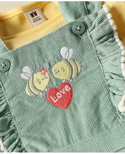 ToffyHouse Corduroy Woven Knit Half Sleeves Inner Tee & Dungaree Set with Honeybee & Floral Print - Yellow & Teal Blue