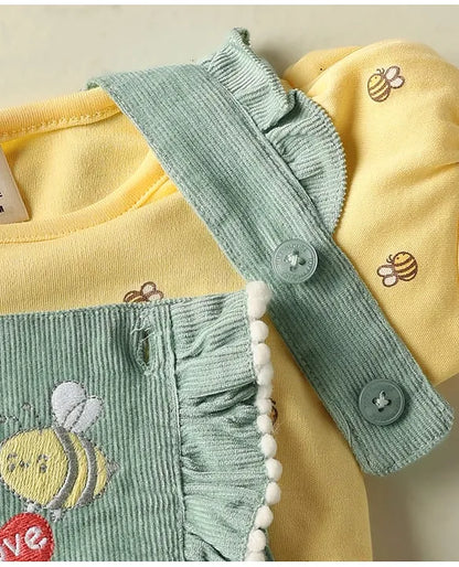 ToffyHouse Corduroy Woven Knit Half Sleeves Inner Tee & Dungaree Set with Honeybee & Floral Print - Yellow & Teal Blue