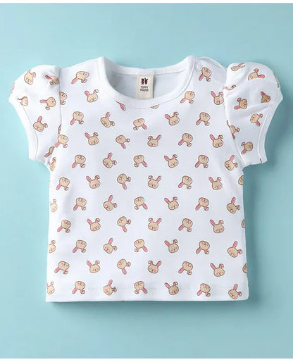 ToffyHouse Corduroy Woven Dungaree & Half Sleeves Inner Tee With Bunny Print & Embroidery - Coral & White