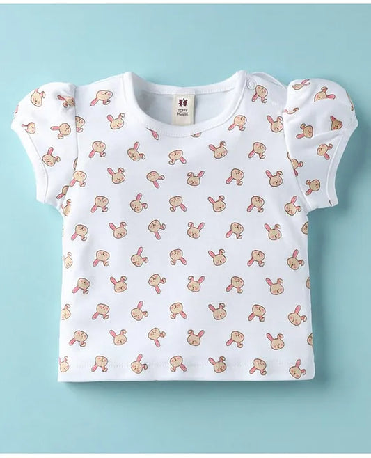 ToffyHouse Corduroy Woven Dungaree & Half Sleeves Inner Tee With Bunny Print & Embroidery - Coral & White