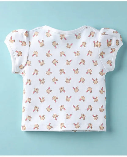 ToffyHouse Corduroy Woven Dungaree & Half Sleeves Inner Tee With Bunny Print & Embroidery - Coral & White