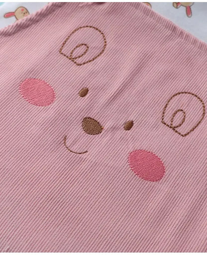 ToffyHouse Corduroy Woven Dungaree & Half Sleeves Inner Tee With Bunny Print & Embroidery - Coral & White
