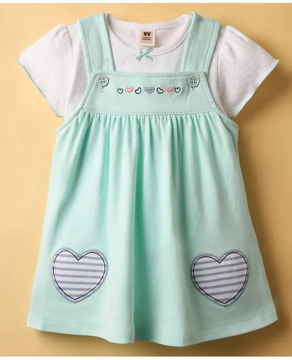 ToffyHouse Interlock Knit Frock & Half Sleeves Inner Tee With Heart Patch & Embroidery - Sea Green & White