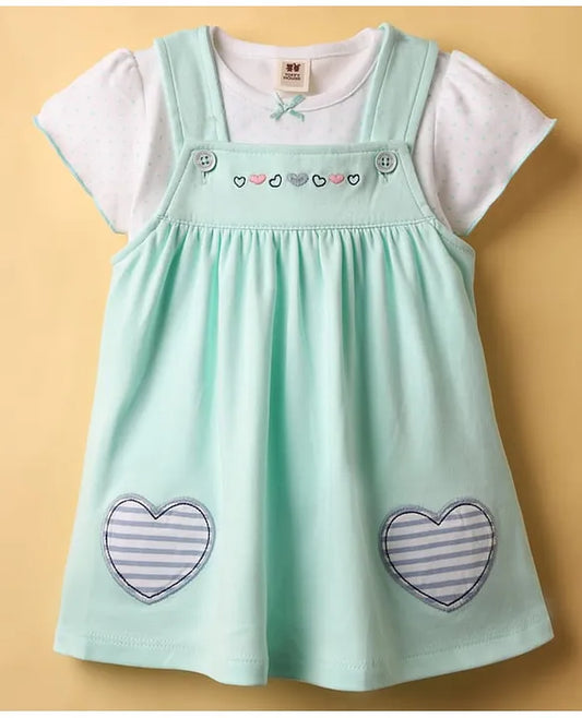 ToffyHouse Interlock Knit Frock & Half Sleeves Inner Tee With Heart Patch & Embroidery - Sea Green & White