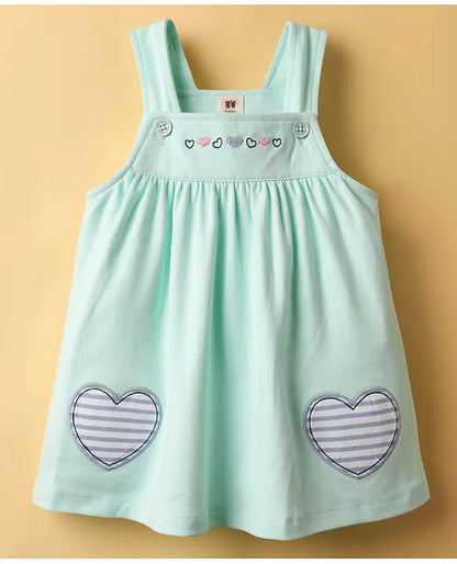 ToffyHouse Interlock Knit Frock & Half Sleeves Inner Tee With Heart Patch & Embroidery - Sea Green & White