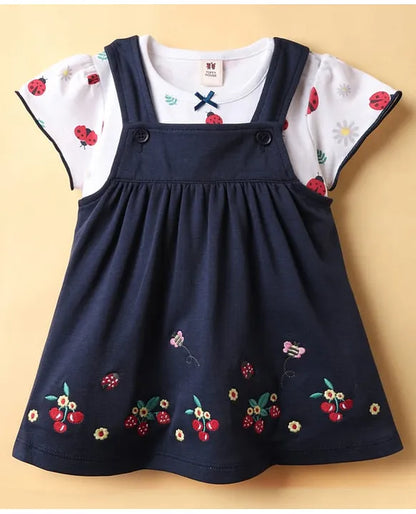 ToffyHouse Interlock Knit Frock & Half Sleeves Inner Tee With Cherry Embroidery & Ladybug Print - Navy Blue & White