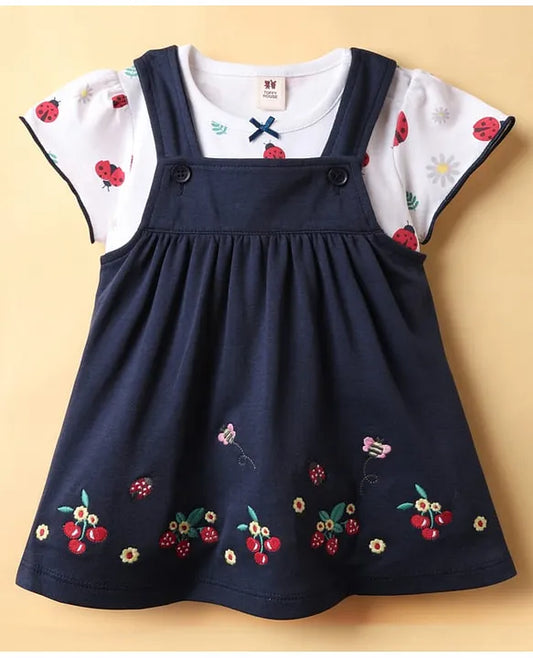ToffyHouse Interlock Knit Frock & Half Sleeves Inner Tee With Cherry Embroidery & Ladybug Print - Navy Blue & White