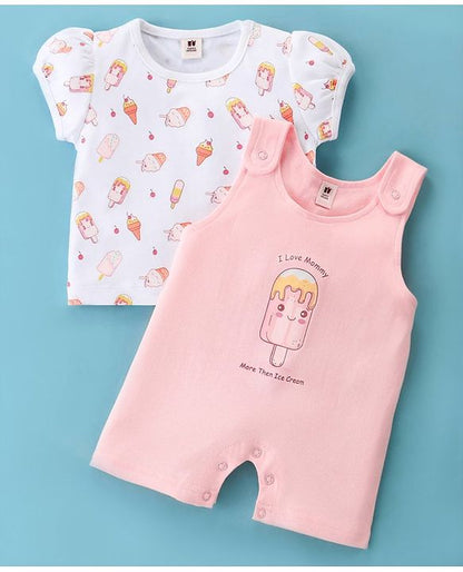 ToffyHouse Dungaree Style Romper with Half Sleeves T-Shirt Ice Cream Print - Pink