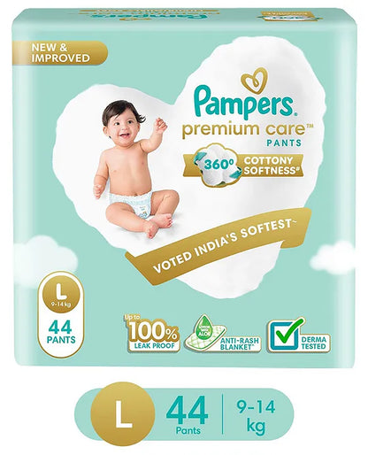 Pampers Premium Care Pants Large size baby diapers (L) 44 Count Softest ever Pampers pants