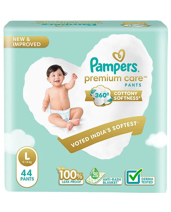Pampers Premium Care Pants Large size baby diapers (L) 44 Count Softest ever Pampers pants