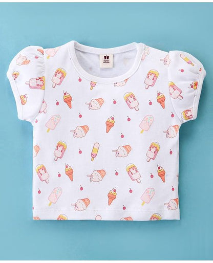 ToffyHouse Dungaree Style Romper with Half Sleeves T-Shirt Ice Cream Print - Pink