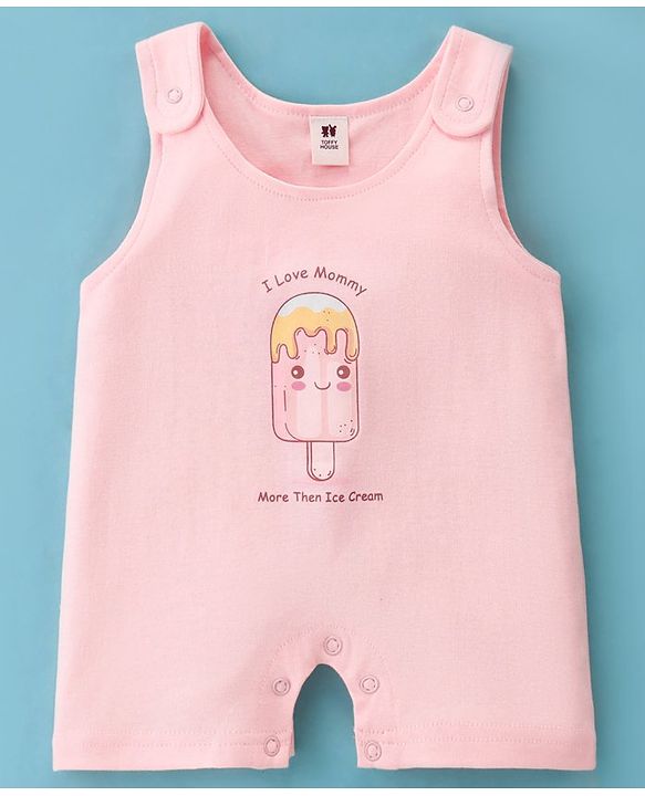 ToffyHouse Dungaree Style Romper with Half Sleeves T-Shirt Ice Cream Print - Pink