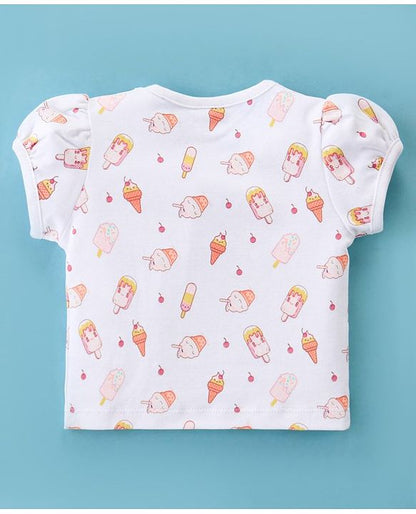 ToffyHouse Dungaree Style Romper with Half Sleeves T-Shirt Ice Cream Print - Pink