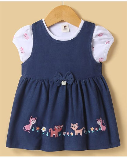 ToffyHouseHalf Sleeves Printed Inner Top & Frock with Kitty Embroidery - Navy Blue