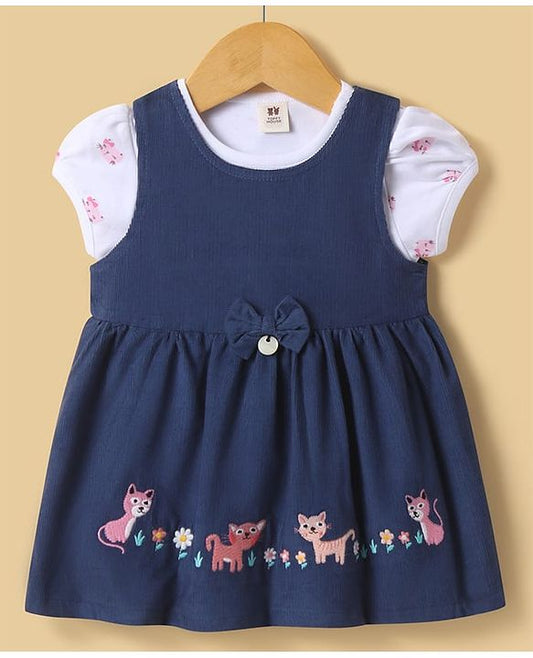 ToffyHouseHalf Sleeves Printed Inner Top & Frock with Kitty Embroidery - Navy Blue