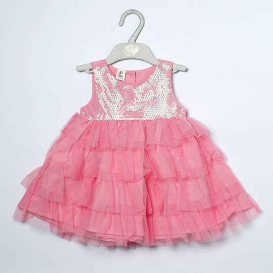 ToffyHouse Woven Cotton Sequenced Fancy Frock for Your Little Princess - Pink